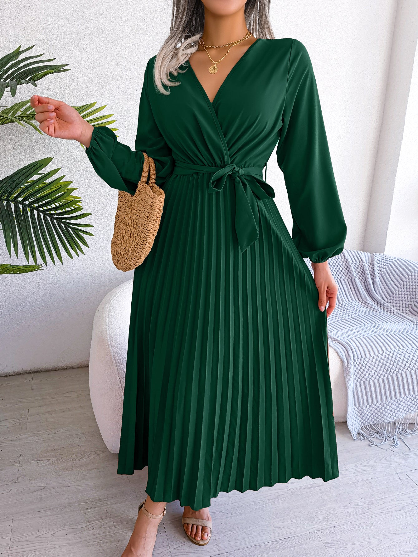 Women's Elegant Cross V Neck Flowy Pleated Maxi Dress