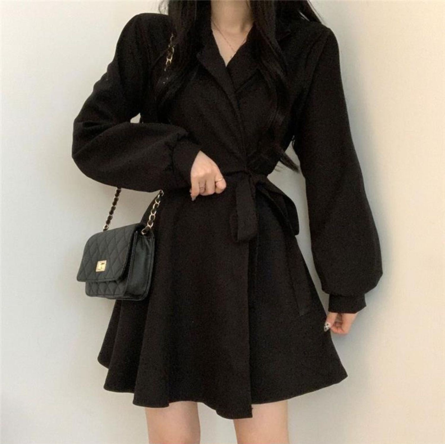 Women's Minimalist Cinched Waist Long-Sleeve Suit Dress