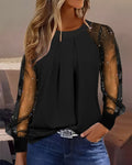 Womens Stylish Round-Neck Lace-Patchwork Top