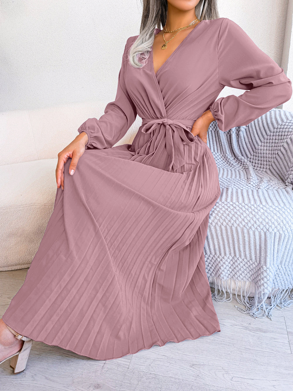 Women's Elegant Cross V Neck Flowy Pleated Maxi Dress