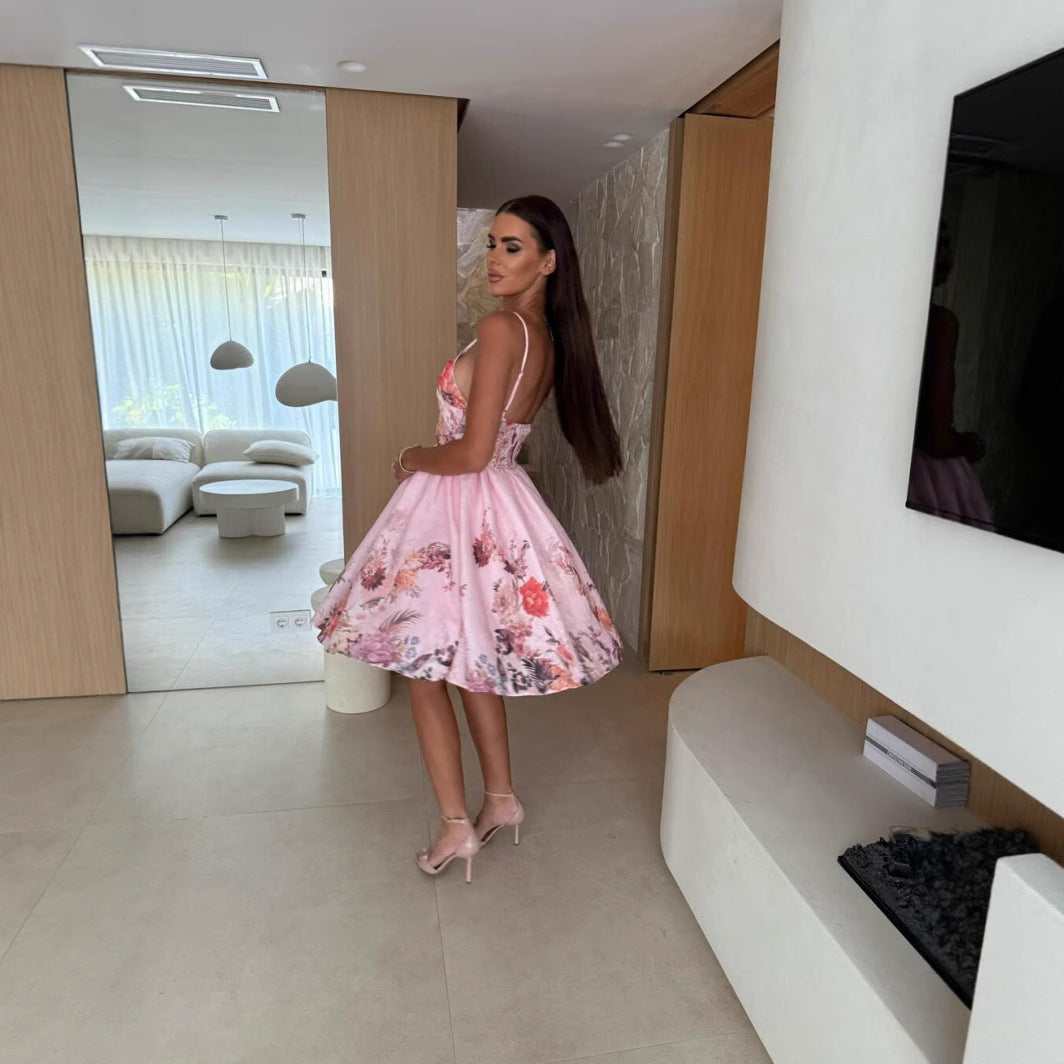 Women's Fashionable Slim-Fit Printed Strap Dress