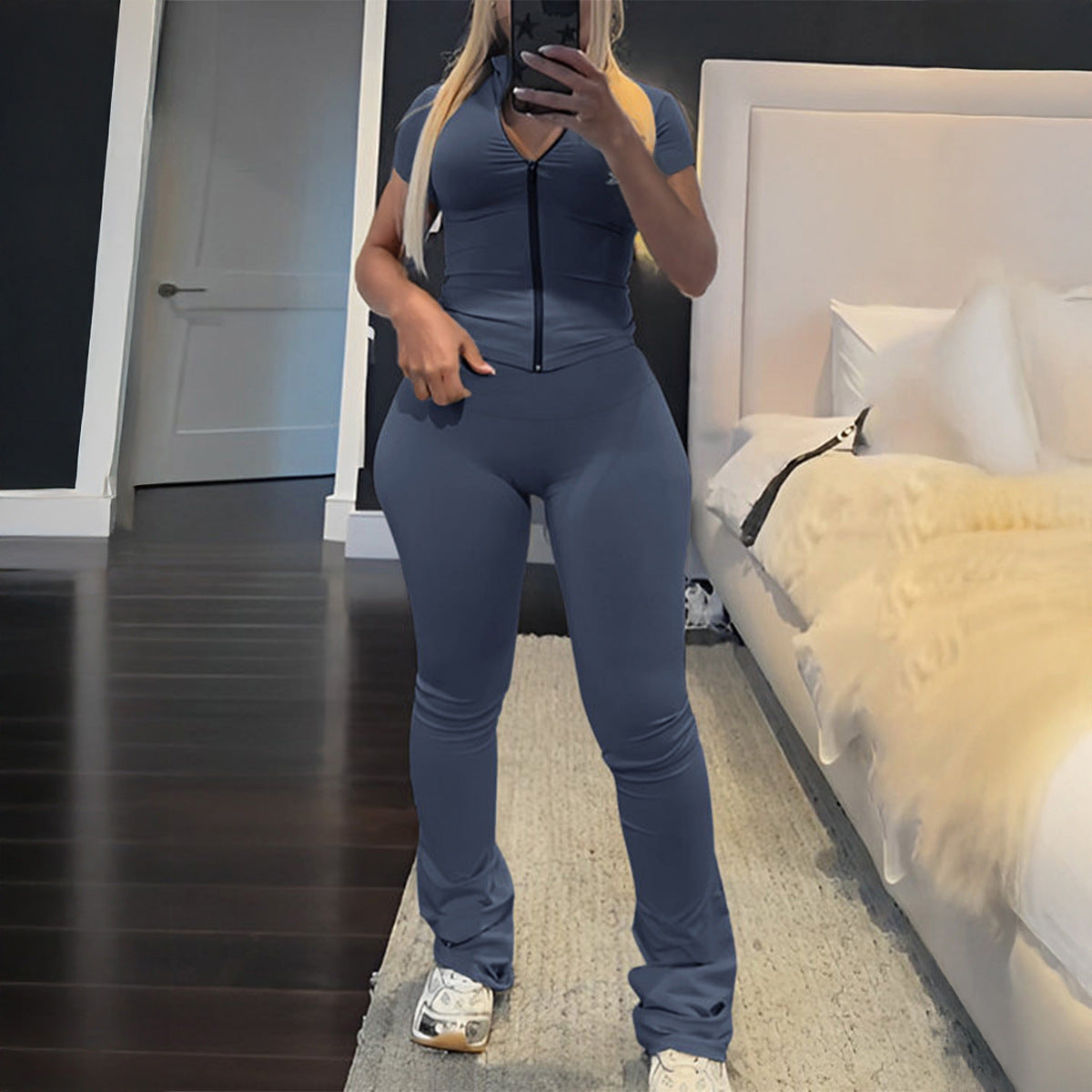 Zipper Short Cardigan High Waist Straight-leg Shorts Yoga Clothes Two-piece Suit