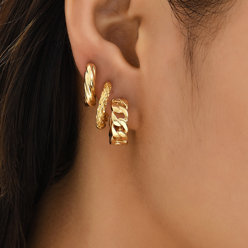 18K Gold Retro Minimalist Earrings Geometric Twist Circle Layered Light-Luxury Hoops