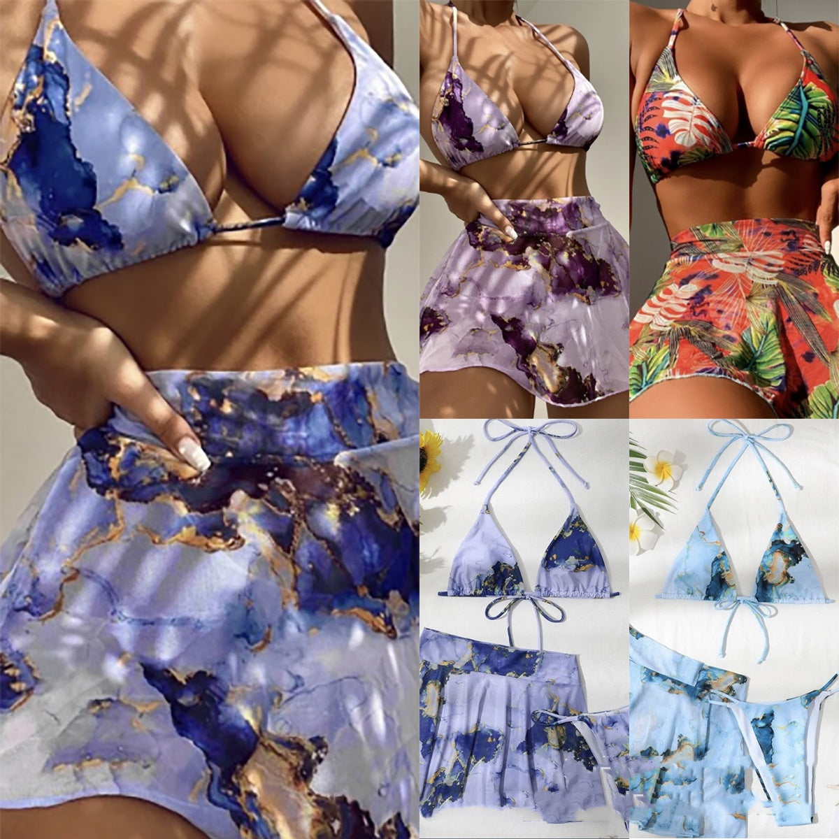 New Multi-color Marble-print Three-piece Swimsuit Bikini For Women
