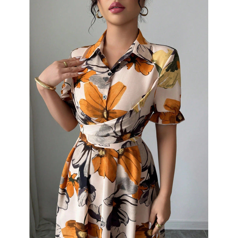 Womens Blouse-collar Puff-sleeve Cross-tie Waist Printed Dress