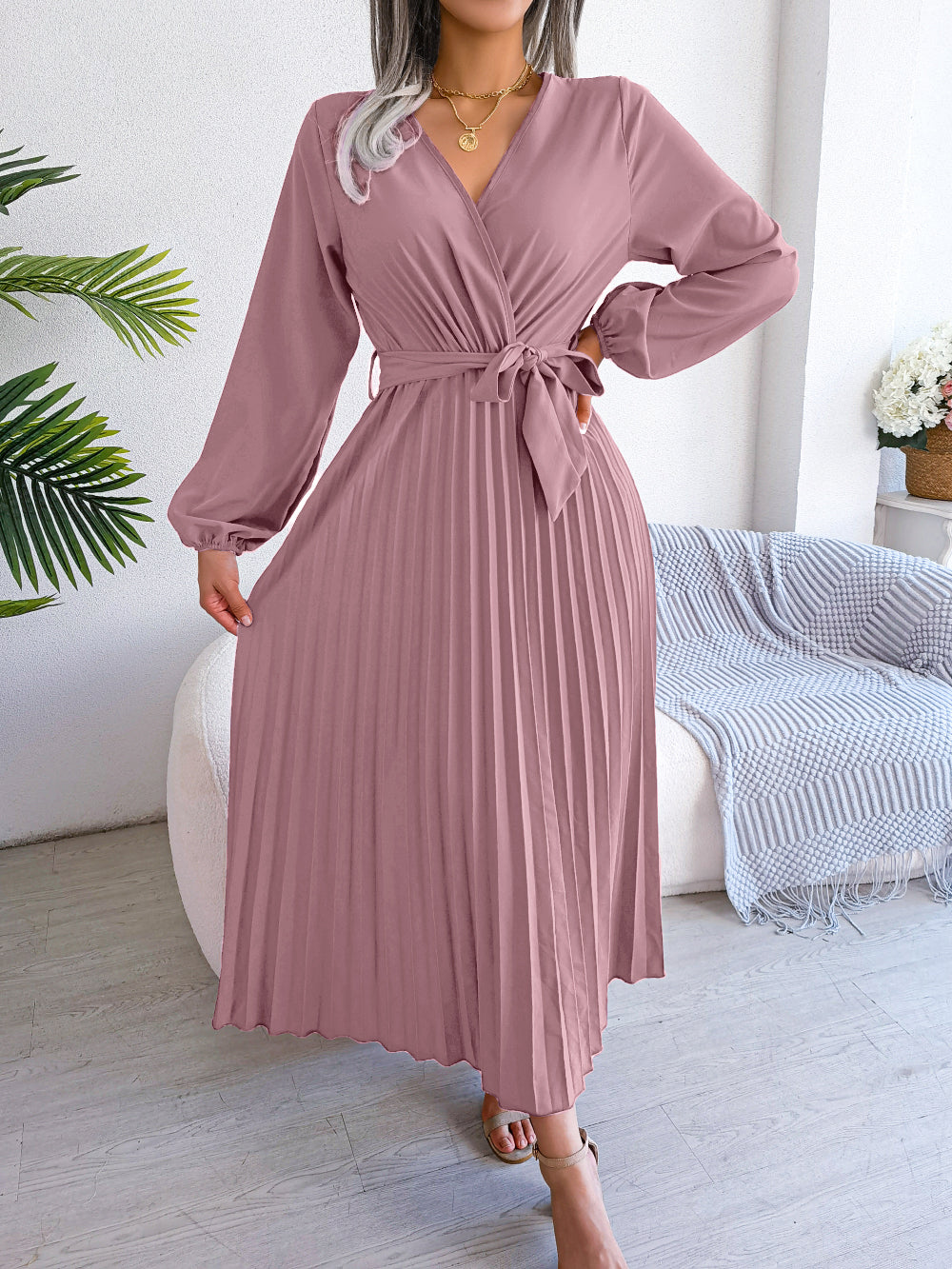 Women's Elegant Cross V Neck Flowy Pleated Maxi Dress