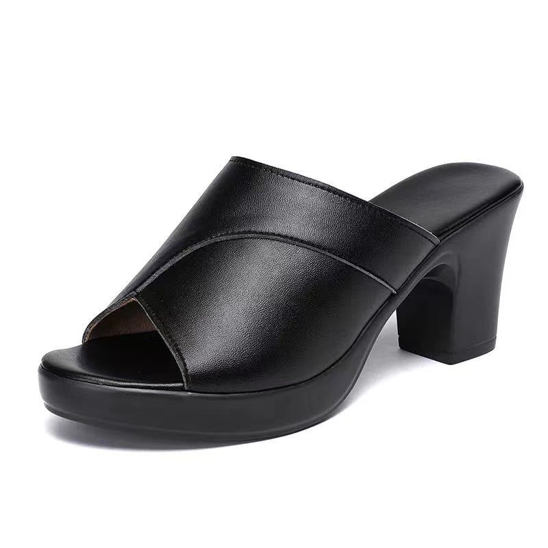 Heel Soft Leather Slip-resistant Thick Sole Peep-toe Sandals For Women