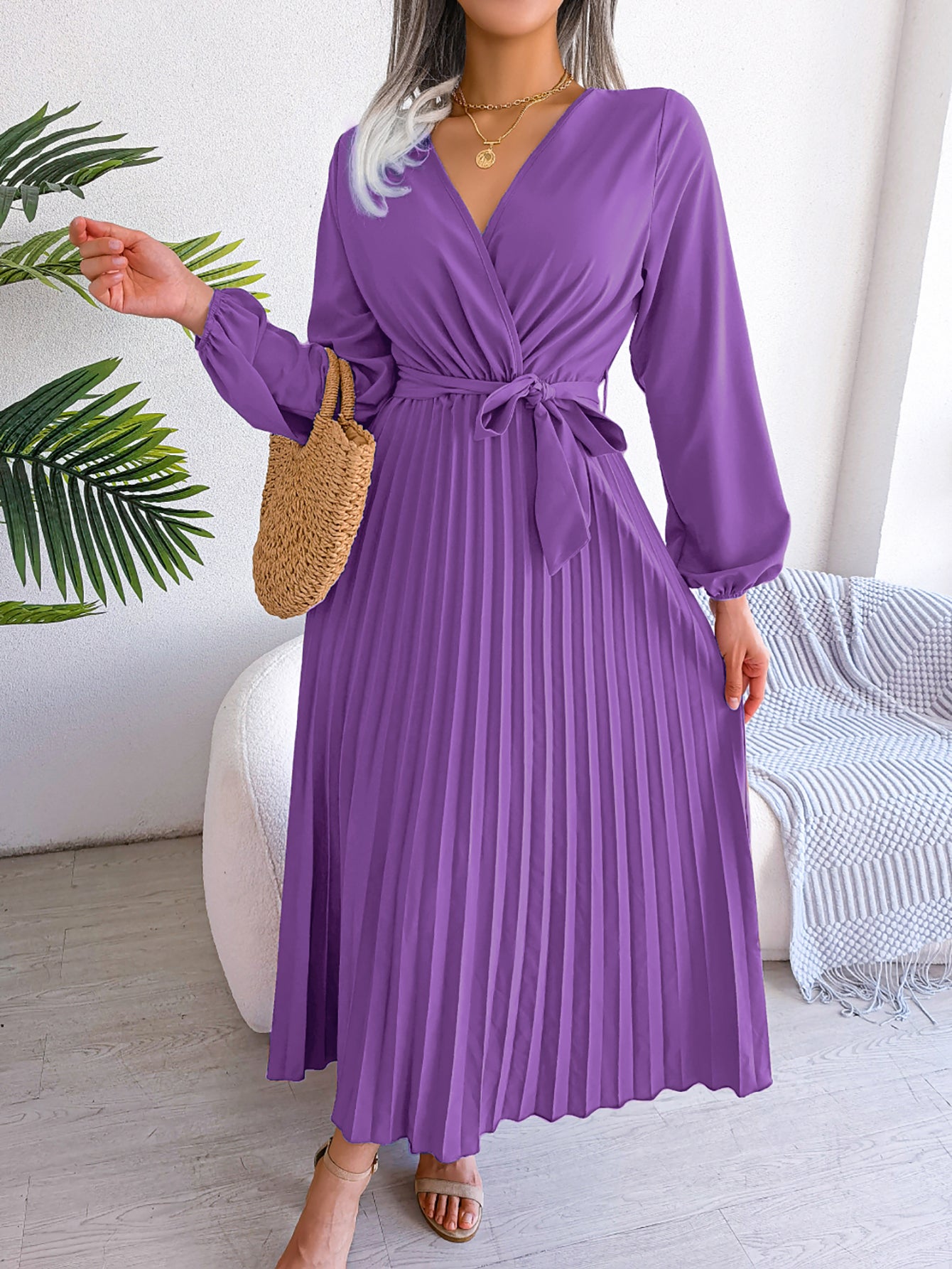 Women's Elegant Cross V Neck Flowy Pleated Maxi Dress