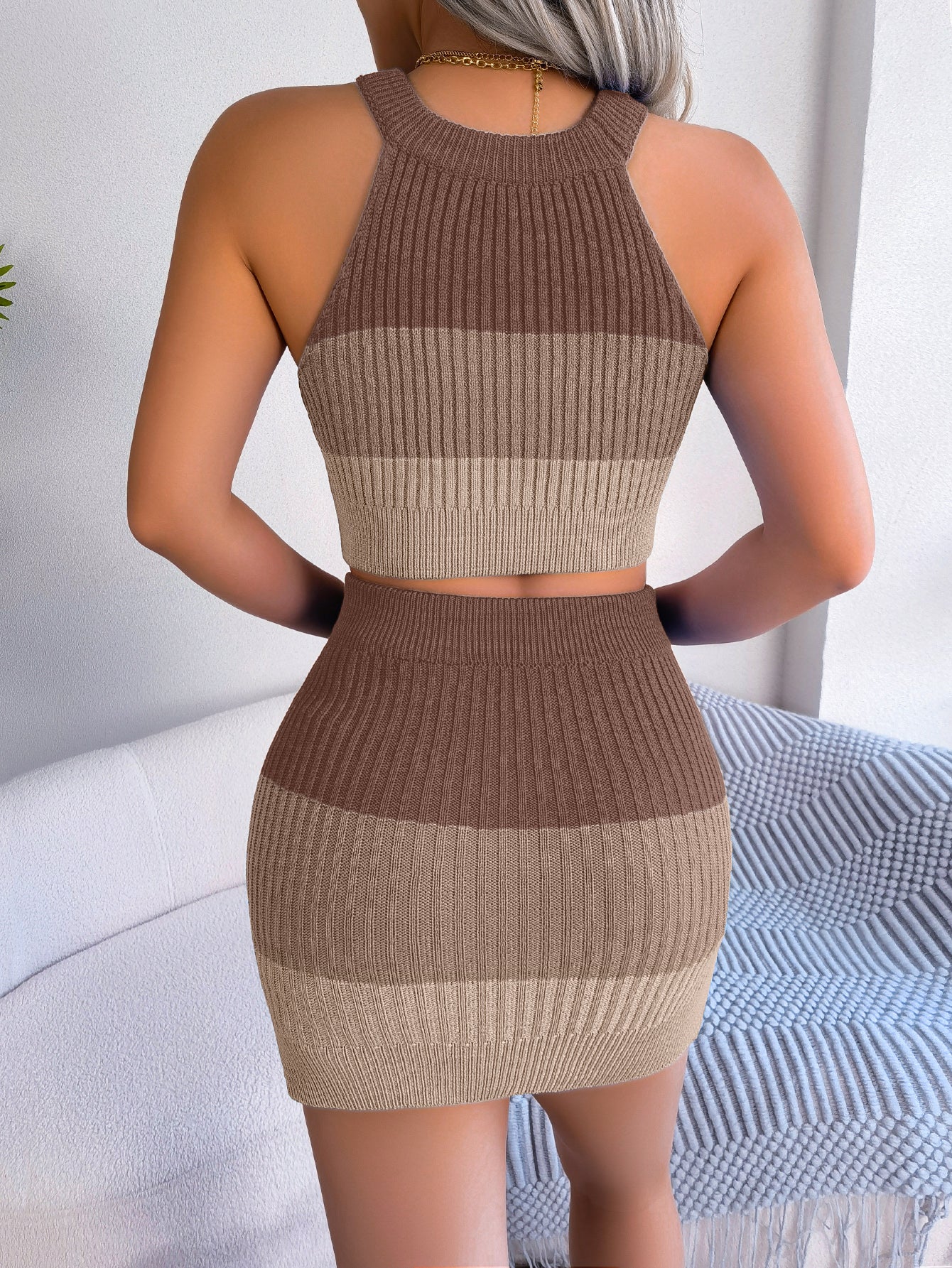 Women  Fashion Gradient Cropped Top & Bodycon Skirt Knit Set