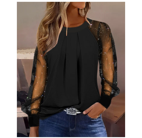 Womens Stylish Round-Neck Lace-Patchwork Top