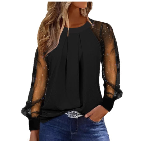 Womens Stylish Round-Neck Lace-Patchwork Top