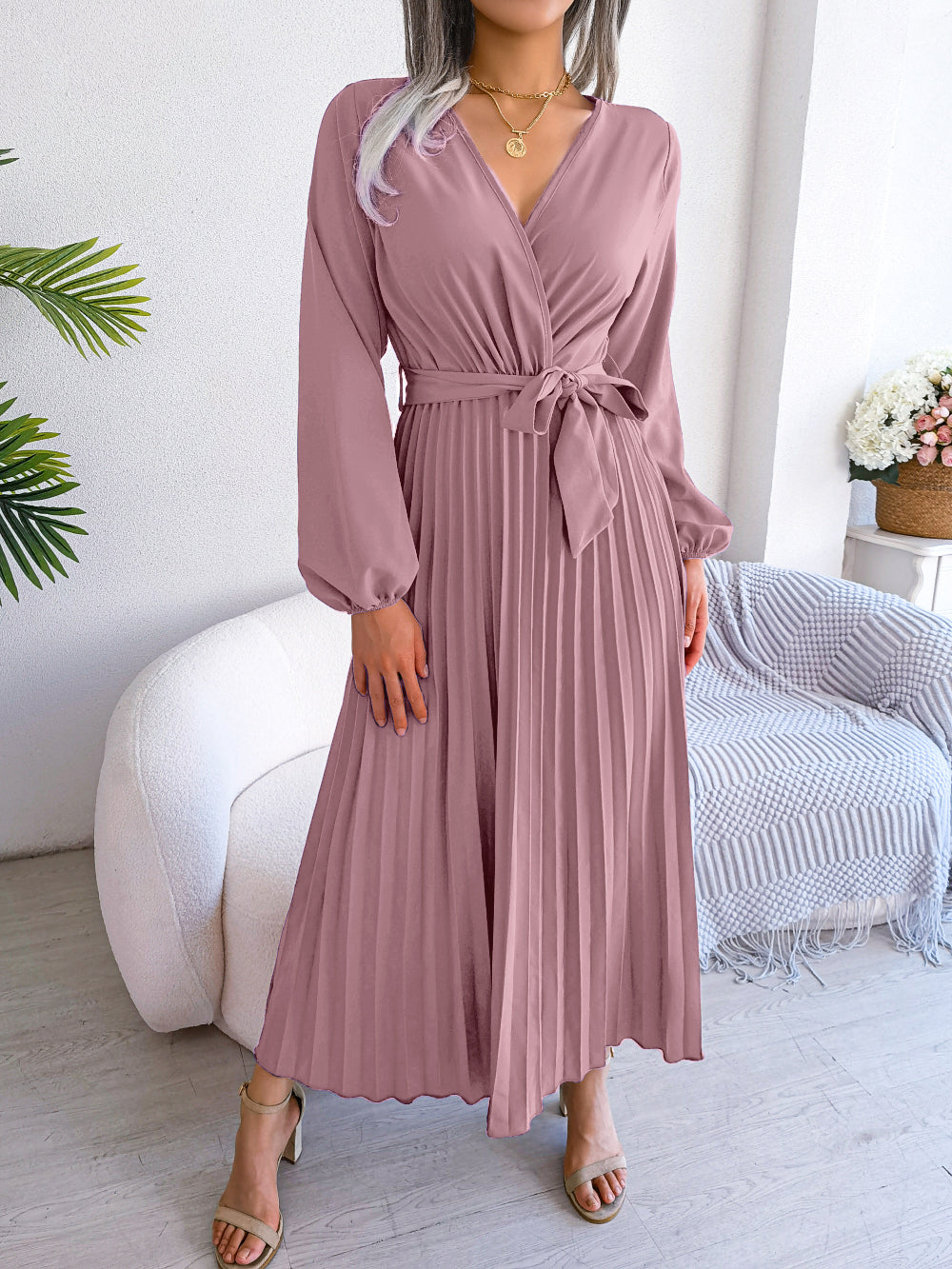 Women's Elegant Cross V Neck Flowy Pleated Maxi Dress