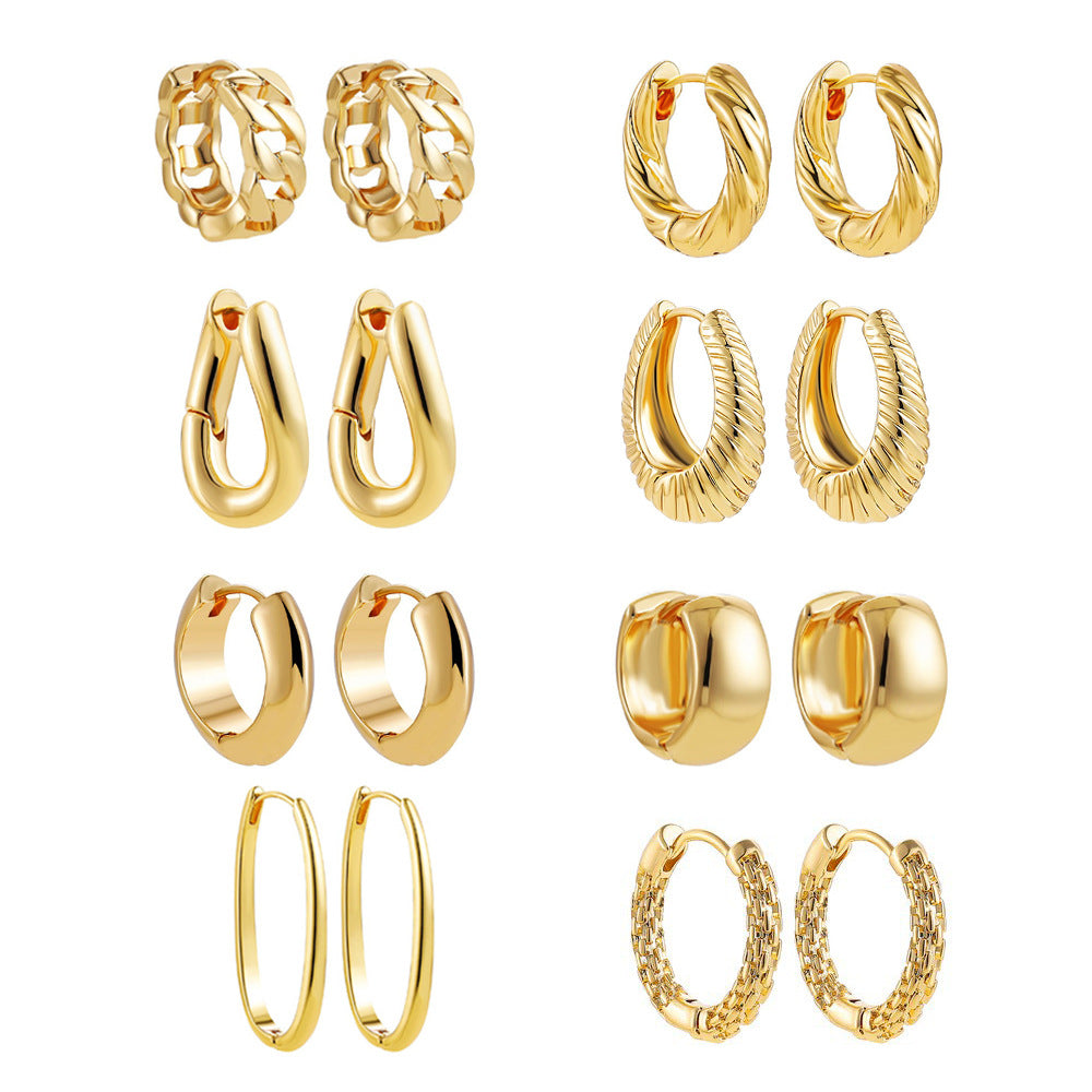 18K Gold Retro Minimalist Earrings Geometric Twist Circle Layered Light-Luxury Hoops