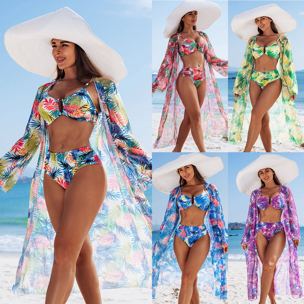 Womens Swimwear Bikini Three-Piece Set With Multi-Color Prints