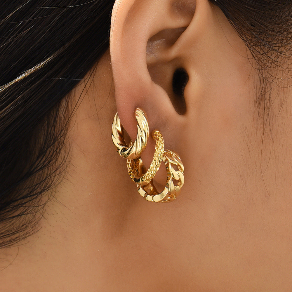 18K Gold Retro Minimalist Earrings Geometric Twist Circle Layered Light-Luxury Hoops