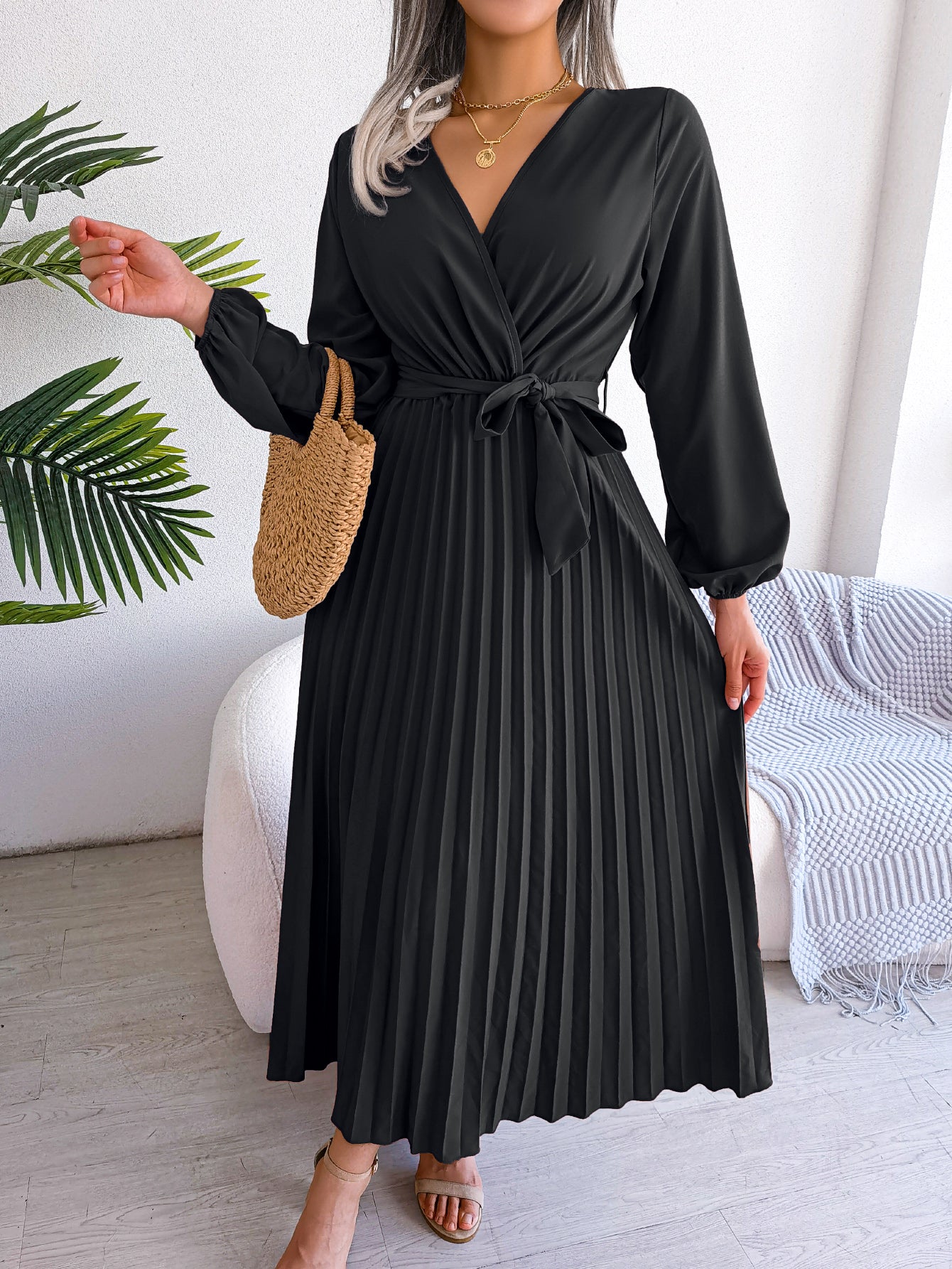 Women's Elegant Cross V Neck Flowy Pleated Maxi Dress