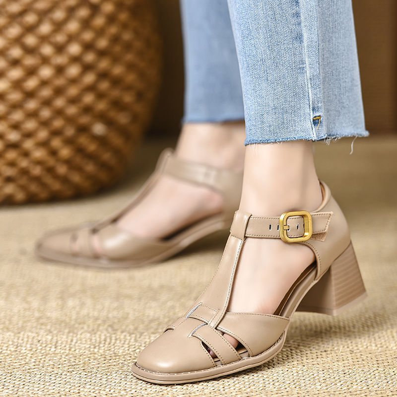 Chunky-Heel Hollow-Out Buckled Peep-Toe Sandals For Women