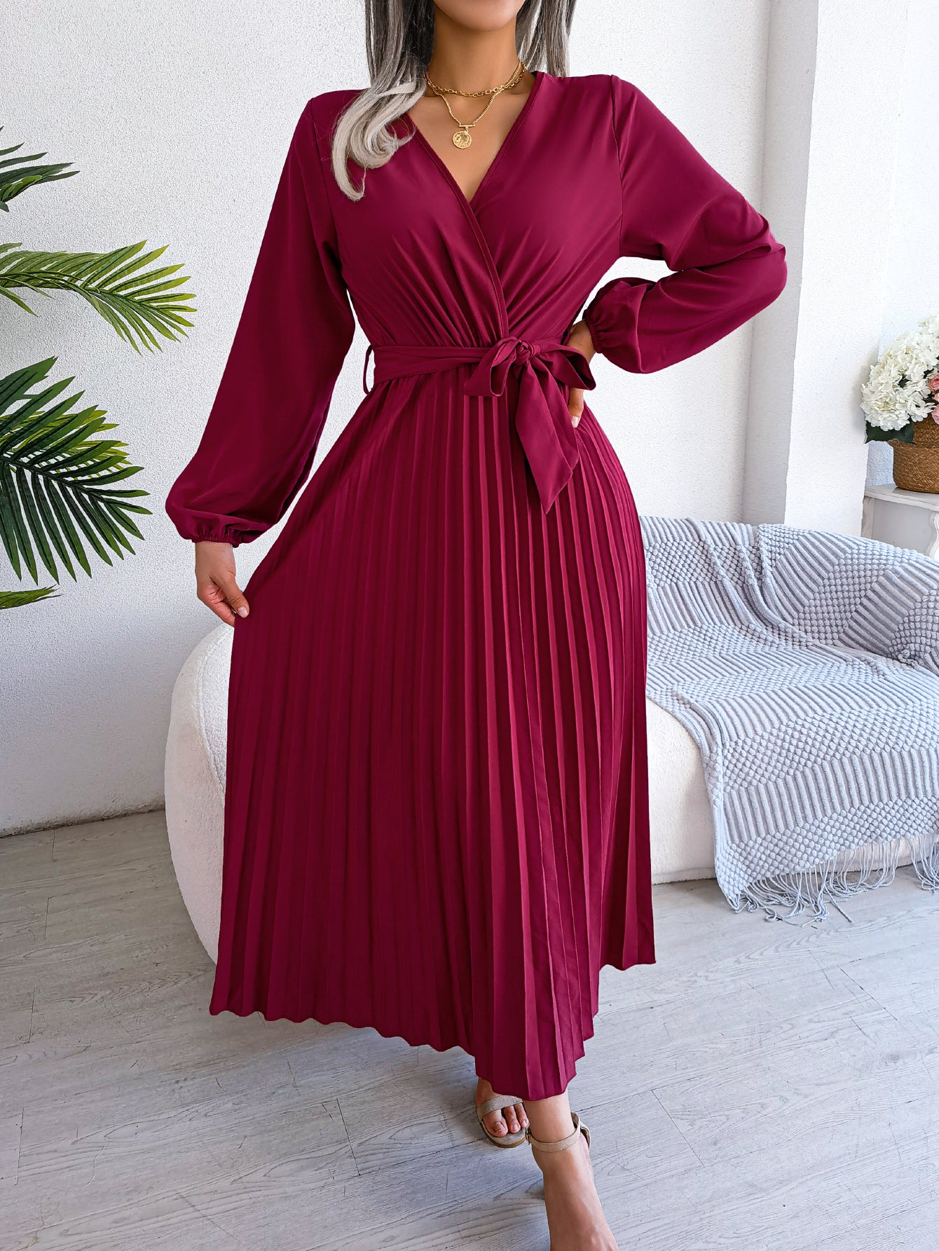 Women's Elegant Cross V Neck Flowy Pleated Maxi Dress