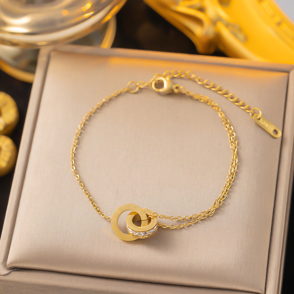 Roman Numeral Double-ring Full-diamond Titanium Steel Necklace