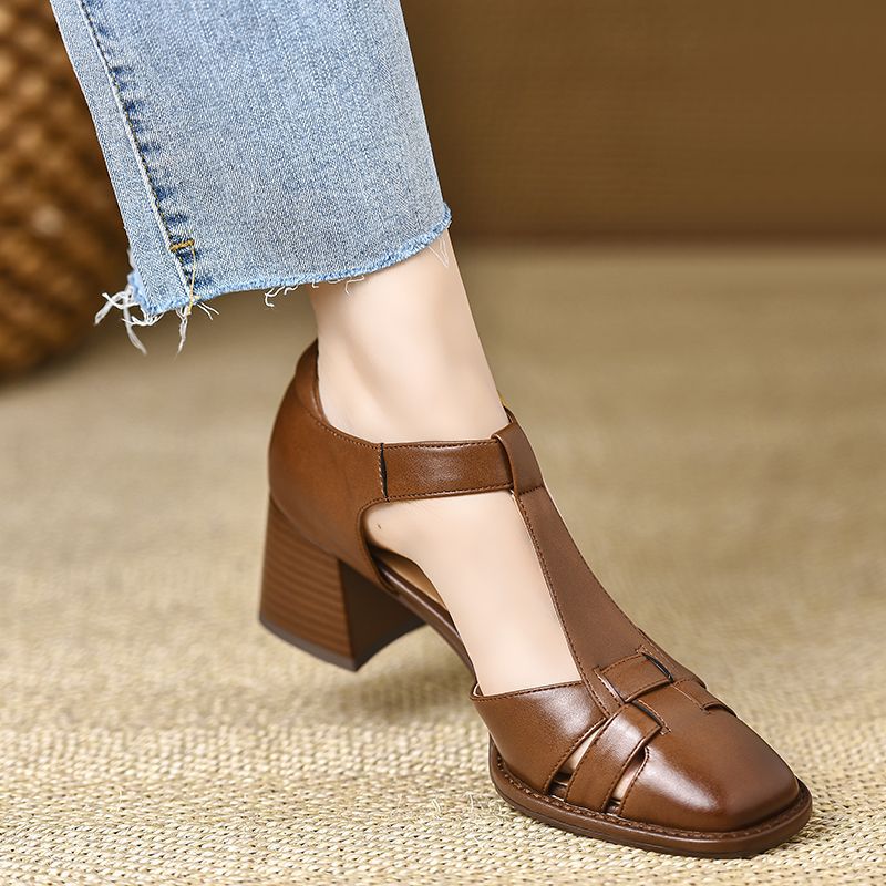 Chunky-Heel Hollow-Out Buckled Peep-Toe Sandals For Women