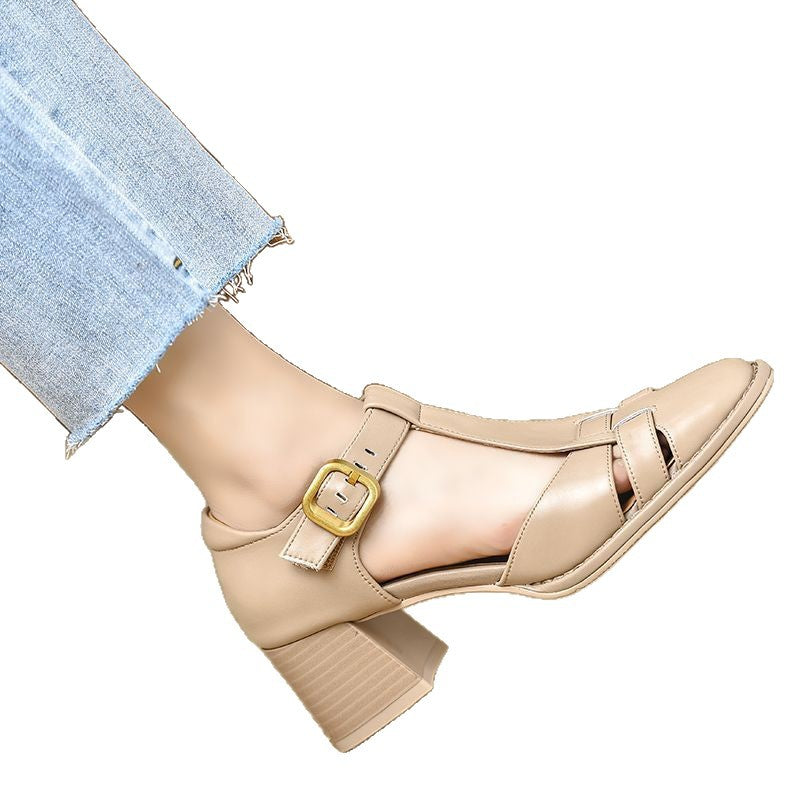 Chunky-Heel Hollow-Out Buckled Peep-Toe Sandals For Women