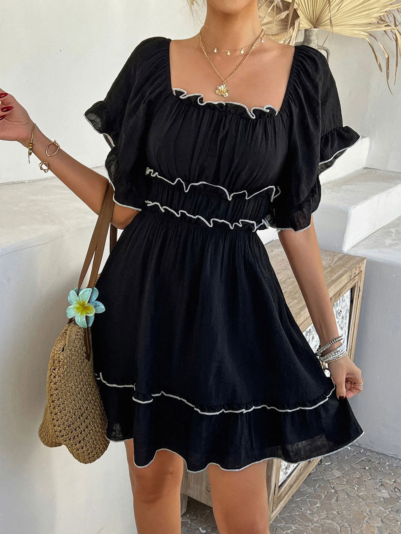Womens French-style Square-neck Ruffled Short-sleeve Dress