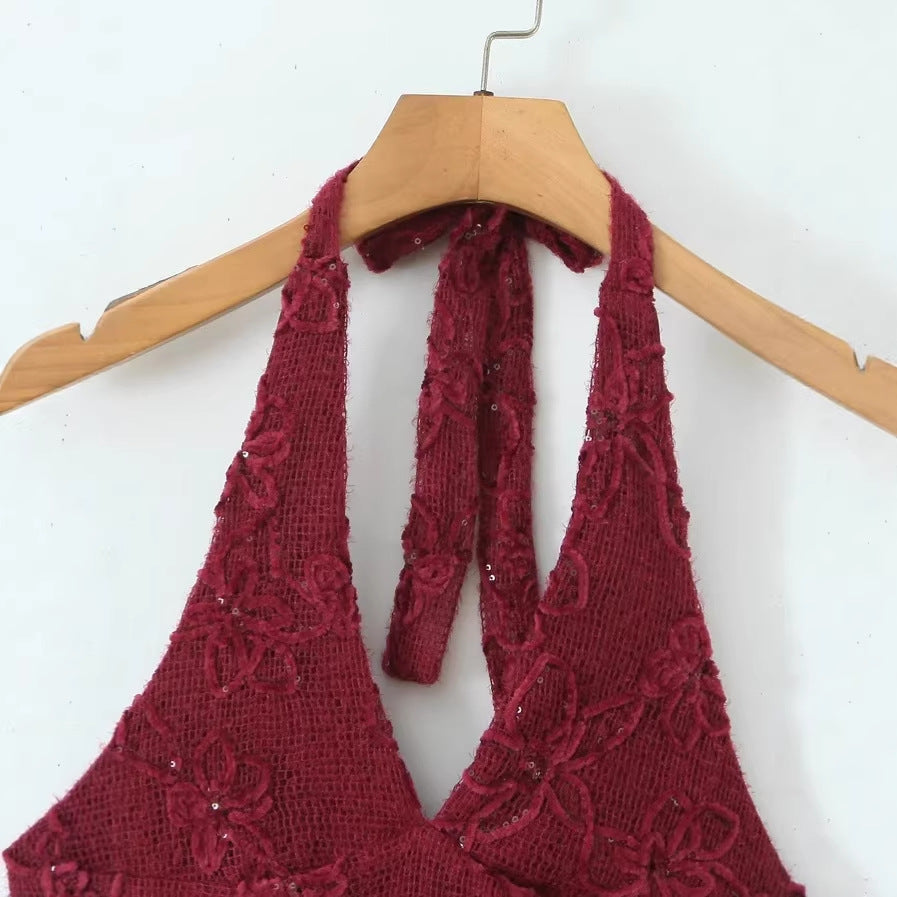 Backless Mesh Flocked Sequin Slip Dress