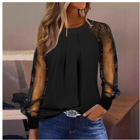 Womens Stylish Round-Neck Lace-Patchwork Top