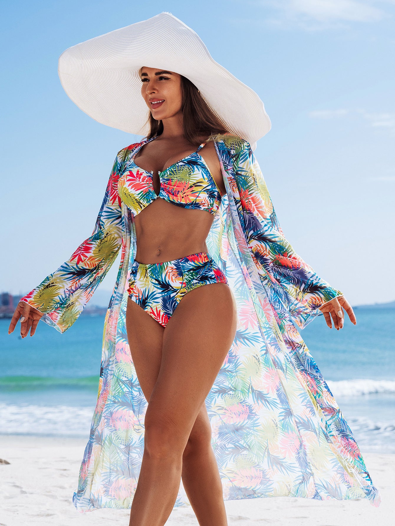 Womens Swimwear Bikini Three-Piece Set With Multi-Color Prints