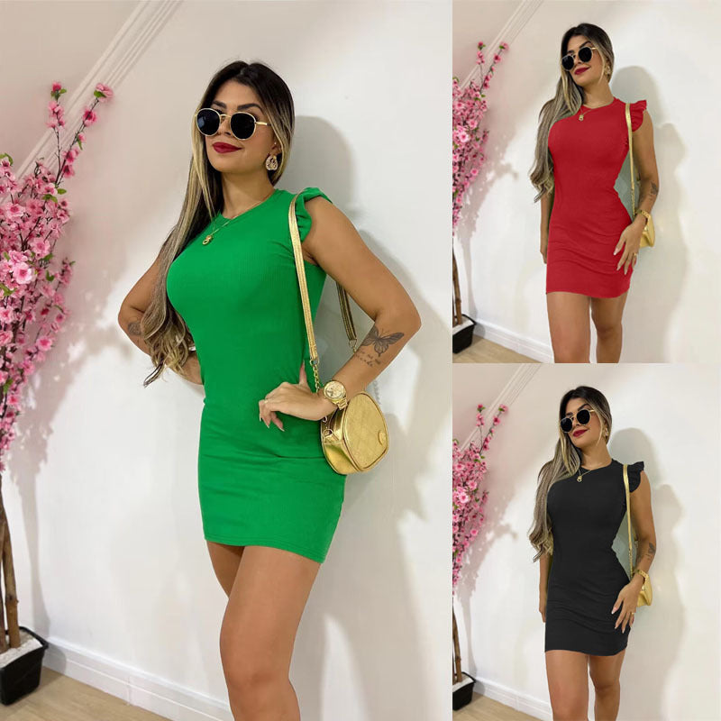 Women's Fashion Round-Neck Ruffle Slim-Fit Dress