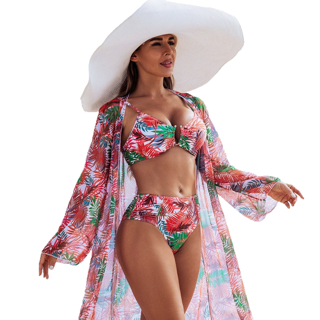 Womens Swimwear Bikini Three-Piece Set With Multi-Color Prints