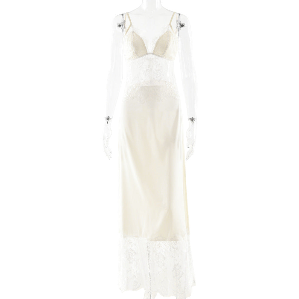 Lace-Panel Sheer Backless Deep V-Neck Slip Dress