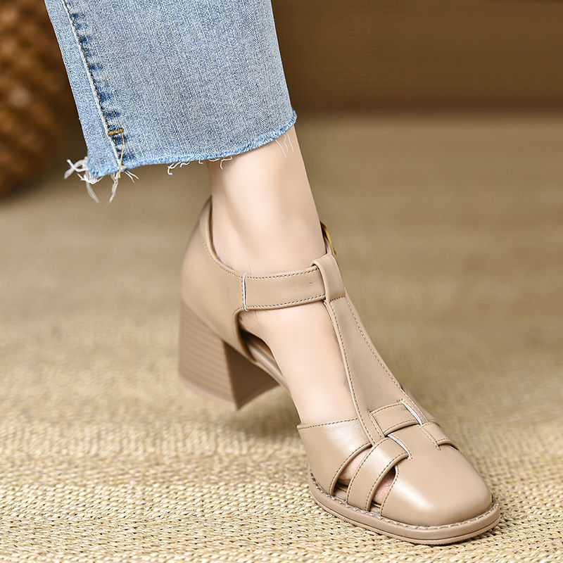 Chunky-Heel Hollow-Out Buckled Peep-Toe Sandals For Women