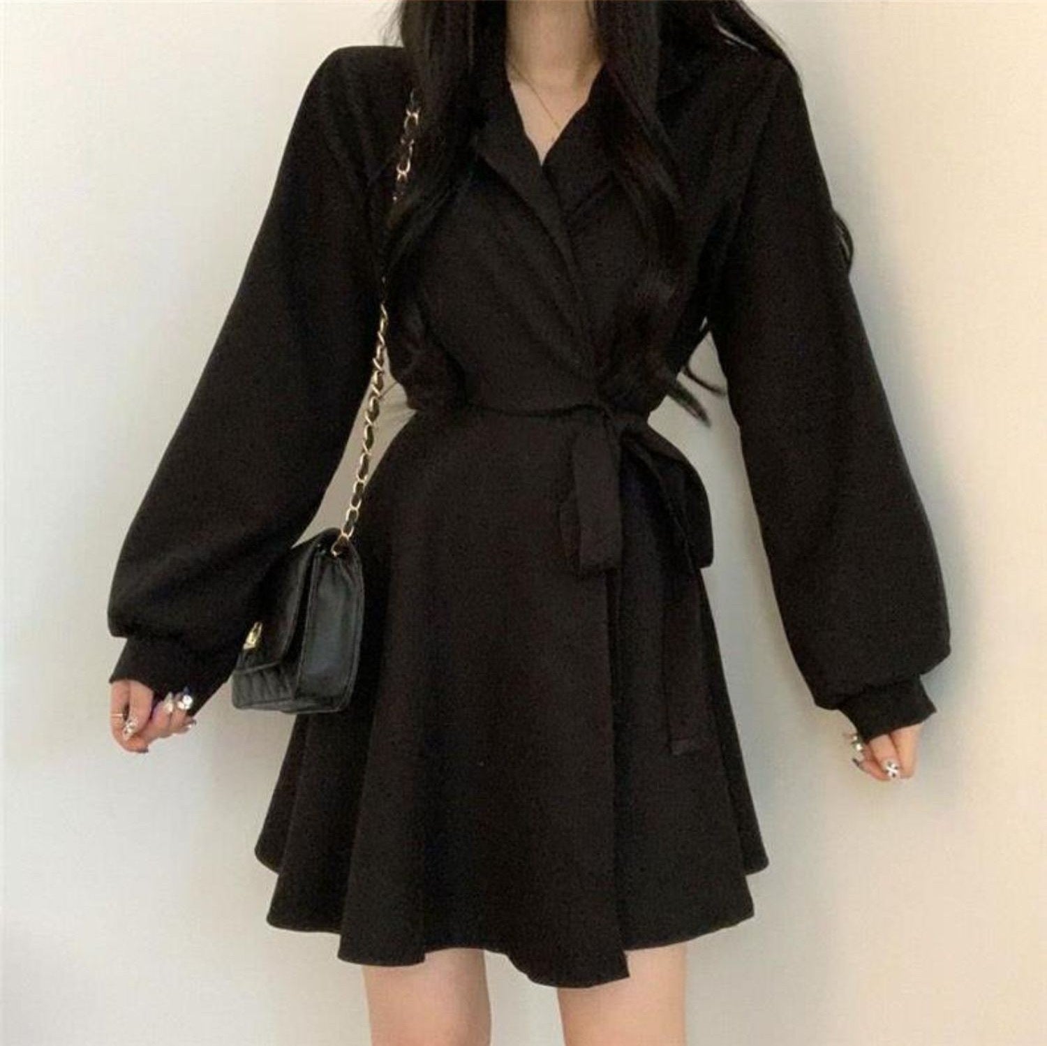 Women's Minimalist Cinched Waist Long-Sleeve Suit Dress