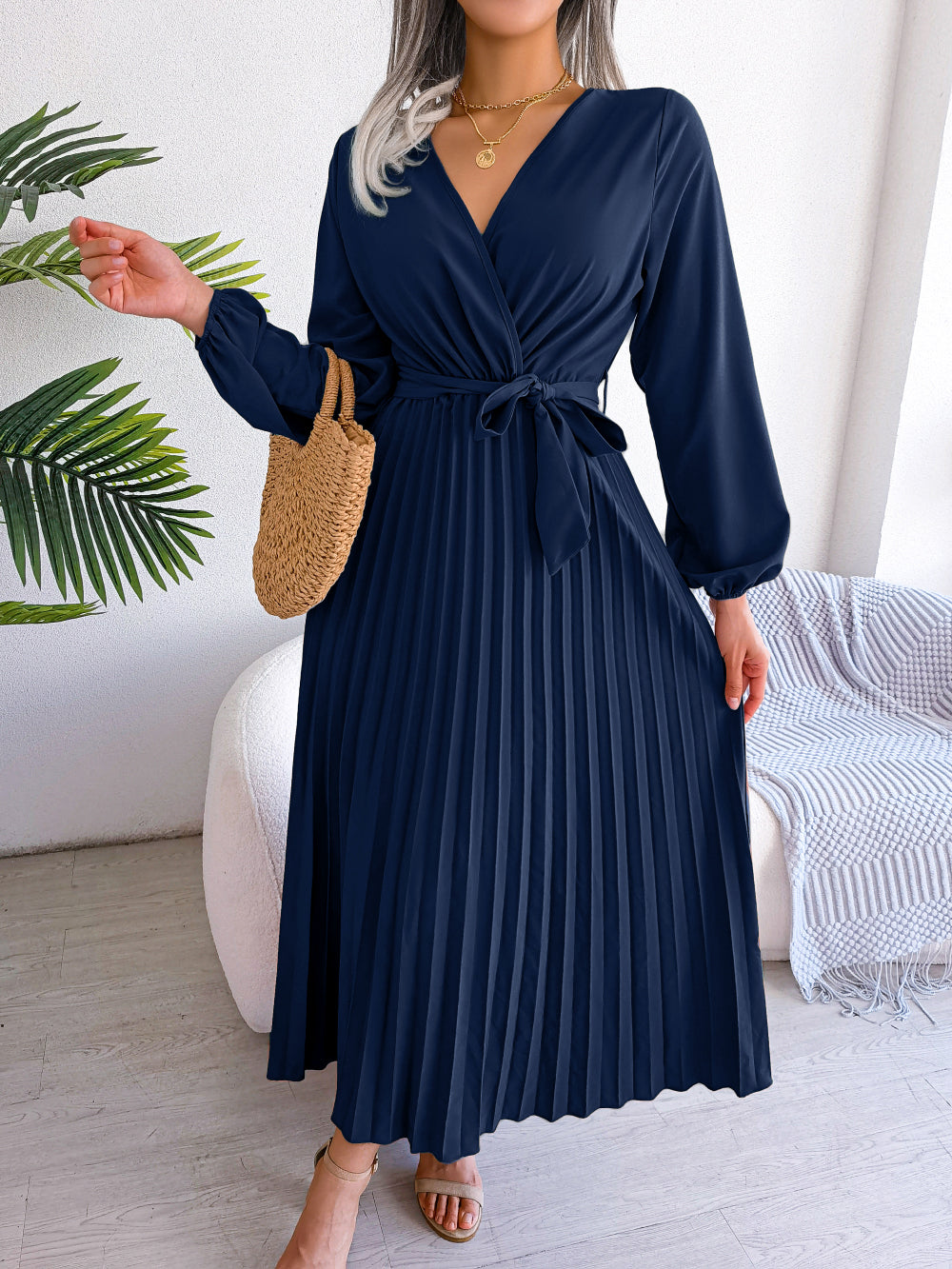 Women's Elegant Cross V Neck Flowy Pleated Maxi Dress