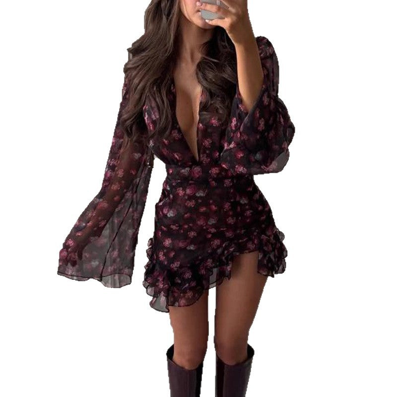 Floral-print Ruffled Long-sleeve Dress For Women